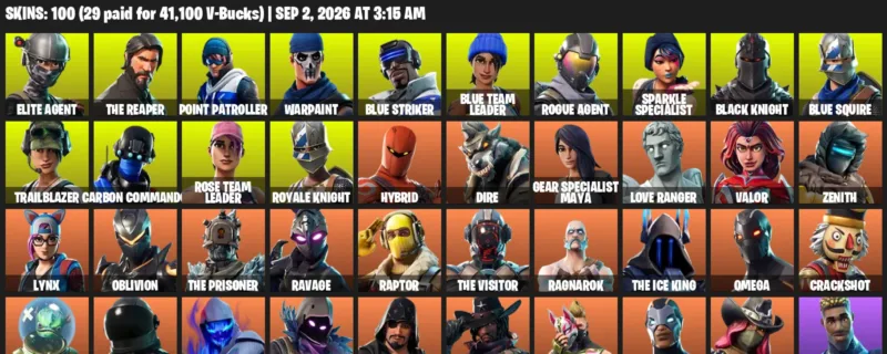 Fortnite account inventory for LVL 1002 - Elite Agent - The Reaper - 100 Outfits