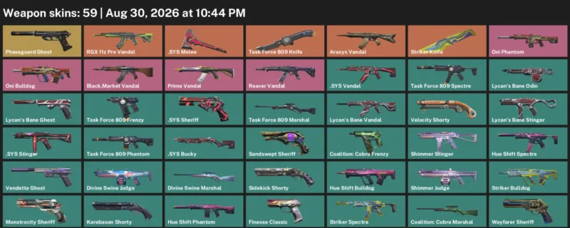 Valorant account inventory for LVL 291 · Striker Knife & Task Force 809 Knife