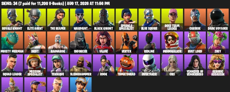 Fortnite account inventory for LVL 342 - Royale Knight - Elite Agent - 34 Outfits