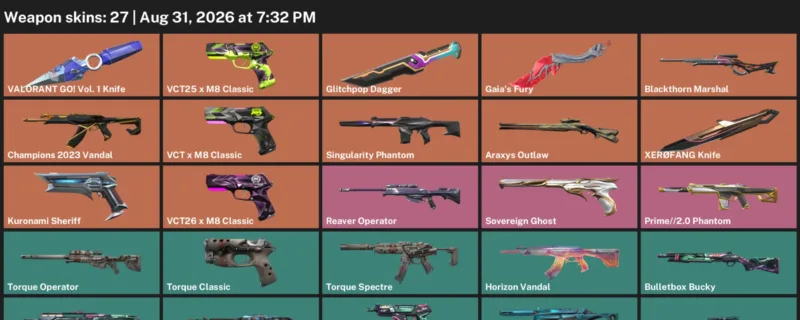 Valorant account inventory for LVL 94 · 27 Skins Glitchpop Dagger & XerØFang Knife