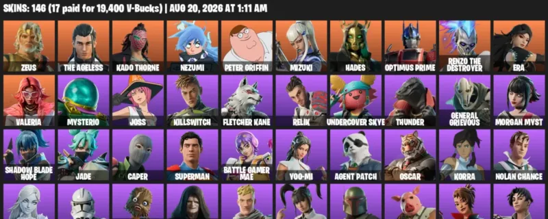 Fortnite account inventory for LVL 3150 - Zeus - The Ageless - 146 Outfits