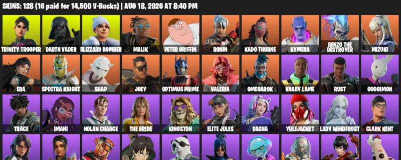 Fortnite account inventory for LVL 3160 - Trinity Trooper - Darth Vader - 128 Outfits