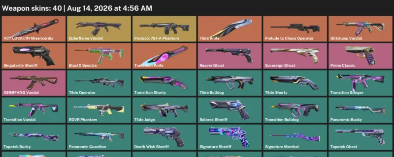 Valorant account inventory for LVL 166 · Transition Knife & Elderflame Vandal