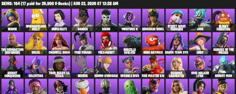 Fortnite account inventory for LVL 527 - Bernie - Springfielder Peely - 104 Outfits