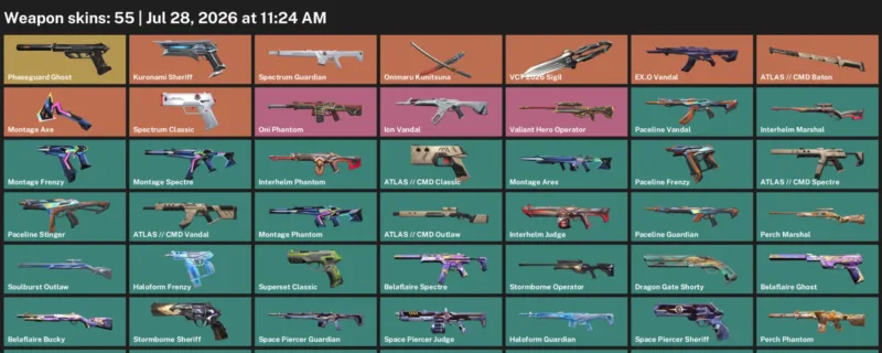 Valorant Accounts listing: LVL 55 · ATLAS // CMD Baton & ATLAS // CMD Classic · 55 Skins - Platinum 2, 55 skins