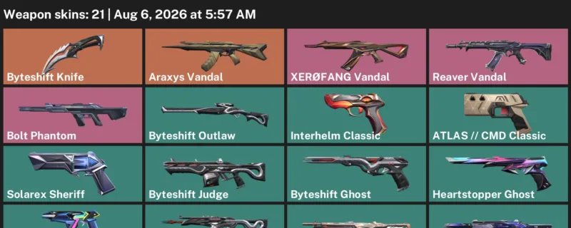 Valorant account inventory for LVL 120 · Araxys Vandal & Byteshift Knife