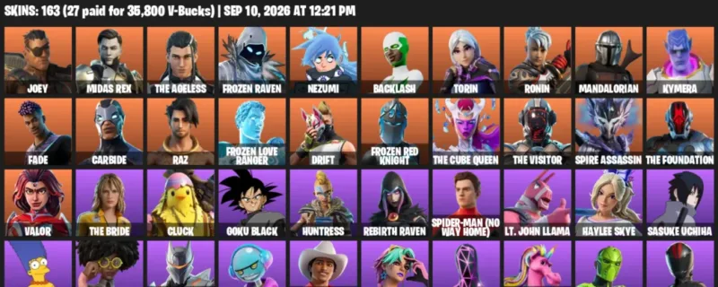 Fortnite account inventory for LVL 1747 - Joey - Midas Rex - 163 Outfits
