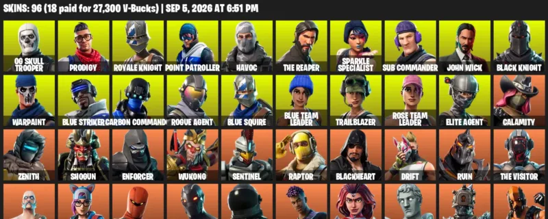 Fortnite account inventory for LVL 896 - OG Skull Trooper - Prodigy - 96 Outfits