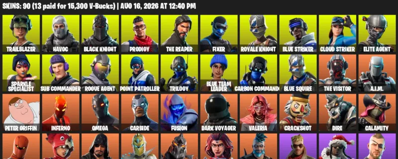 Fortnite account inventory for LVL 1194 - Trailblazer - Havoc - 90 Outfits