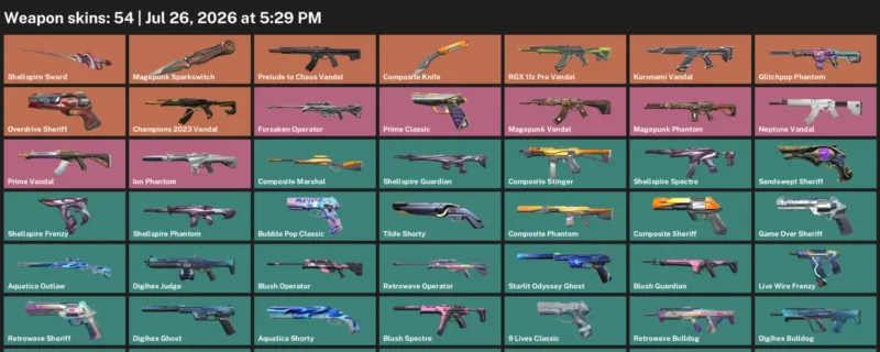 Valorant Accounts listing: LVL 263 · Composite Knife & Shellspire Sword · 54 Skins - Gold 1, 54 skins