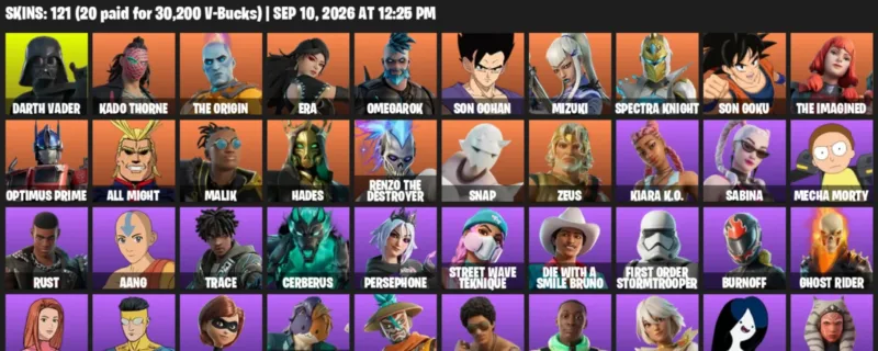 Fortnite account inventory for LVL 1883 - Darth Vader - Kado Thorne - 121 Outfits