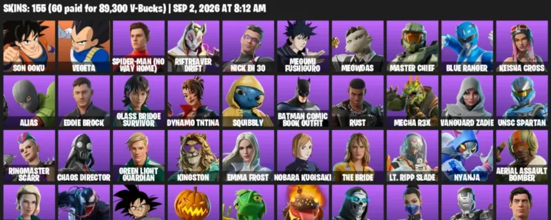 Fortnite account inventory for LVL 1126 - Son Goku - Vegeta - 155 Outfits
