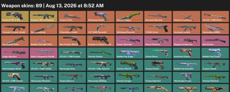 Valorant account inventory for LVL 194 · Overlay Dagger & VCT 2025 Karambit & Xenohunter Knife