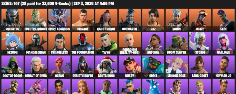 Fortnite account inventory for LVL 3474 - Predator - Spectra Knight - 107 Outfits