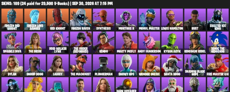 Fortnite account inventory for Frozen Red Knight - Frozen Love Ranger - 109 Outfits