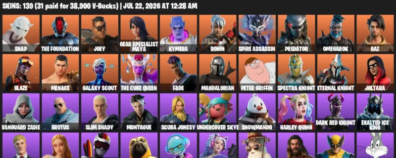 Fortnite Accounts listing: LVL 2348 - Snap - The Foundation - 139 Outfits - 139 outfits