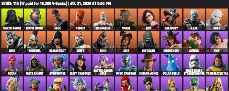 Fortnite account inventory for LVL 2656 - Darth Vader - Rogue Agent - 115 Outfits