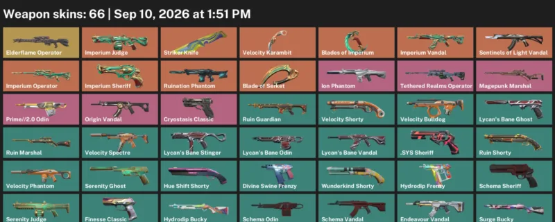Valorant account inventory for LVL 131 · Velocity Karambit & Blade of Serket & Striker Knife