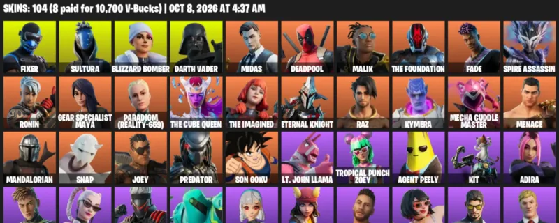 Fortnite account inventory for Fixer - Sultura - 104 Outfits