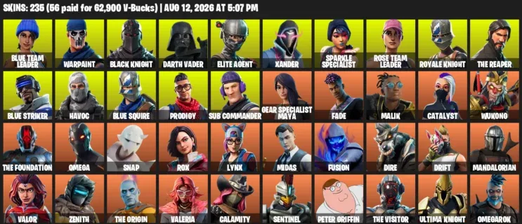 Fortnite account inventory for LVL 3451 - Blue Team Leader - Warpaint - 235 Outfits