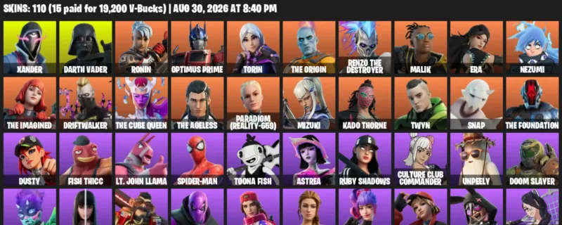 Fortnite account inventory for LVL 1876 - Xander - Darth Vader - 110 Outfits