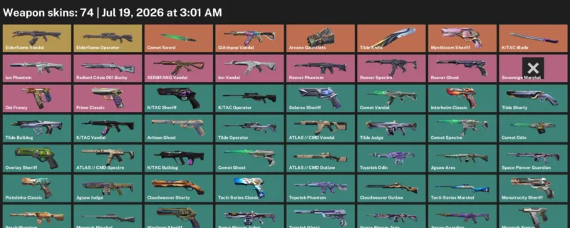 Valorant Accounts listing: LVL 216 · Comet Sword & K/TAC Blade · 74 Skins - Platinum 1, 74 skins