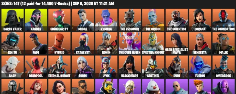 Fortnite account inventory for LVL 1967 - Darth Vader - Xander - 147 Outfits