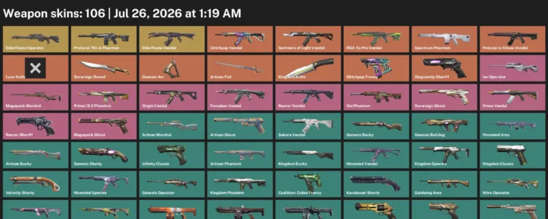 Valorant Accounts listing: LVL 331 · Kingdom Knife & Luxe Knife · 106 Skins - Ascendant 2, 106 skins