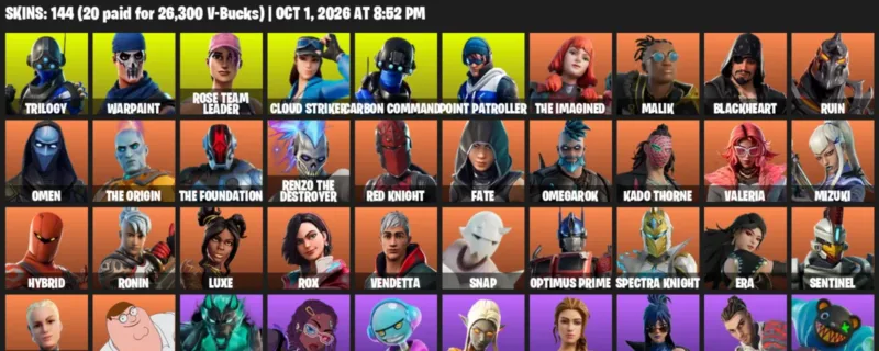 Fortnite account inventory for Trilogy - Warpaint - 120 Outfits