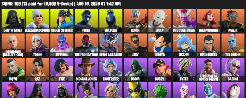 Fortnite account inventory for LVL 2721 - Darth Vader - Blizzard Bomber - 109 Outfits