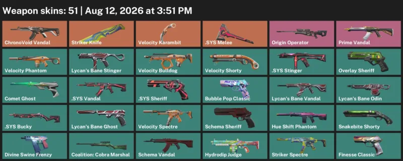 Valorant account inventory for LVL 174 · Velocity Karambit & Striker Knife