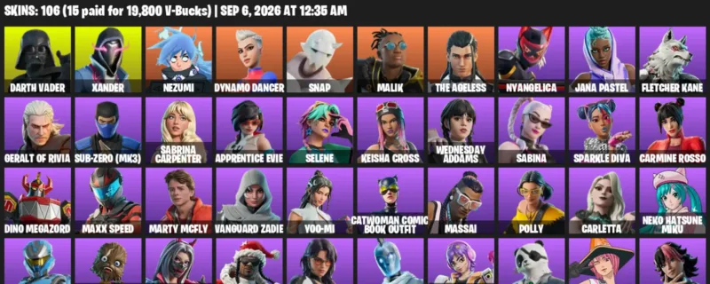 Fortnite account inventory for LVL 2480 - Darth Vader - Xander - 106 Outfits