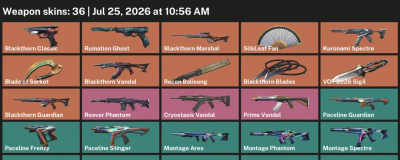 Valorant Accounts listing: LVL 36 · Blade of Serket & SilkLeaf Fan · 36 Skins - Unranked, 36 skins