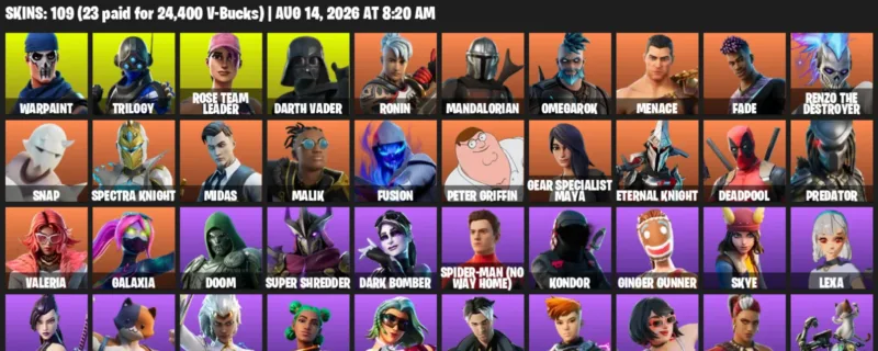 Fortnite account inventory for LVL 1669 - Warpaint - Trilogy - 109 Outfits
