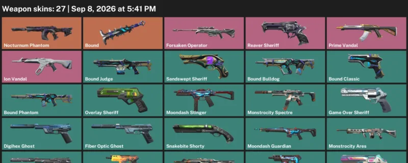 Valorant account inventory for LVL 185 · Forsaken Operator & Bound Phantom
