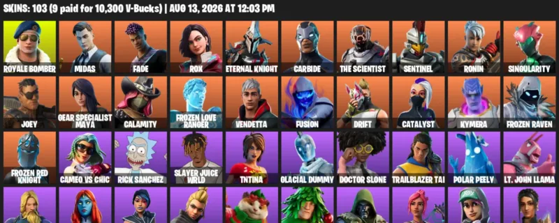 Fortnite account inventory for LVL 2869 - Royale Bomber - Midas - 103 Outfits