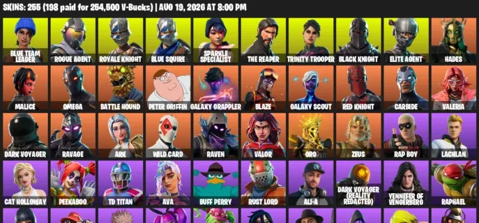 Fortnite account inventory for LVL 1141 - Blue Team Leader - Rogue Agent - 255 Outfits