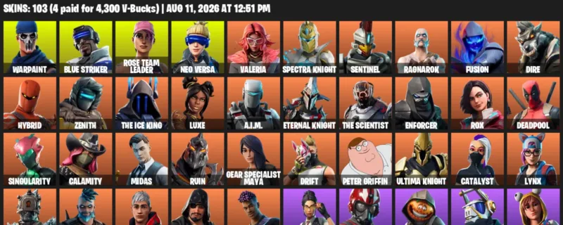 Fortnite account inventory for LVL 1617 - Warpaint - Blue Striker - 103 Outfits