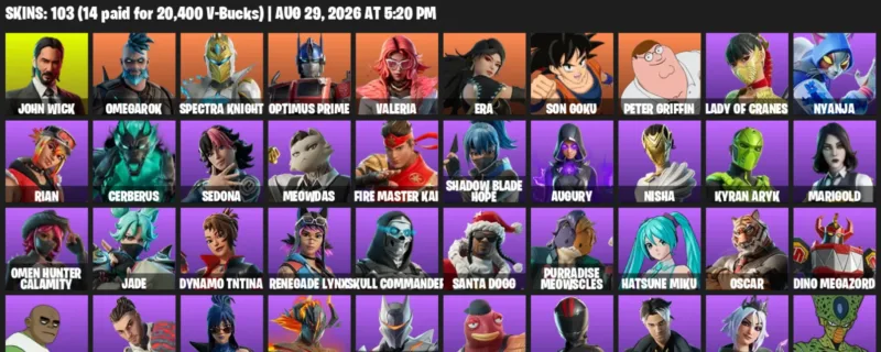 Fortnite account inventory for LVL 661 - John Wick - Omegarok - 103 Outfits
