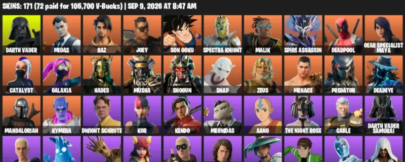 Fortnite account inventory for LVL 1515 - Darth Vader - Midas - 171 Outfits
