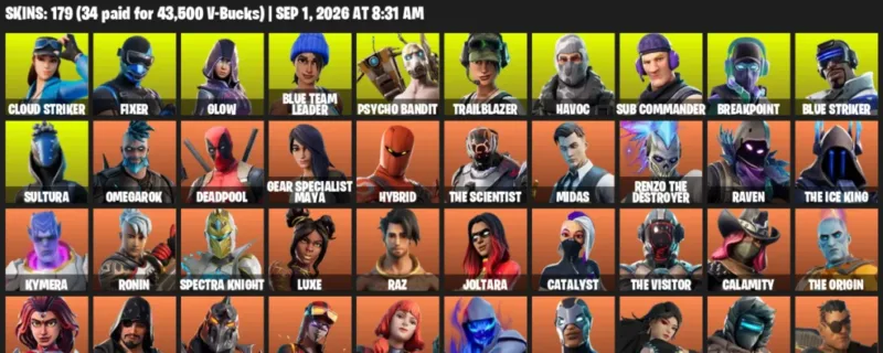 Fortnite account inventory for LVL 2295 - Cloud Striker - Fixer - 179 Outfits
