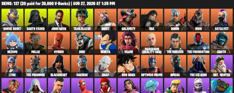 Fortnite account inventory for LVL 1940 - Rogue Agent - Darth Vader - 127 Outfits