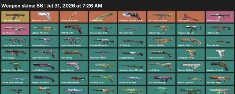 Valorant Accounts listing: LVL 158 · .SYS Melee & Striker Knife · 86 Skins - Platinum 2, 86 skins