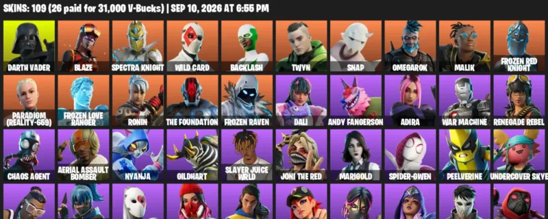 Fortnite account inventory for LVL 1198 - Darth Vader - Blaze - 109 Outfits