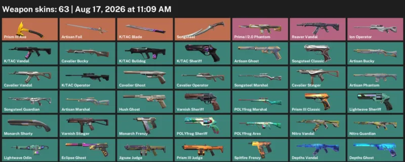 Valorant account inventory for LVL 167 · Tac Blade & Artisan Phantom