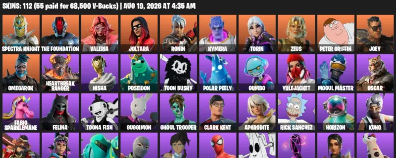 Fortnite account inventory for LVL 1703 - Spectra Knight - The Foundation - 112 Outfits