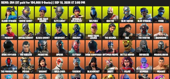 Fortnite account inventory for LVL 2251 - Cloud Striker - Rogue Agent - 254 Outfits