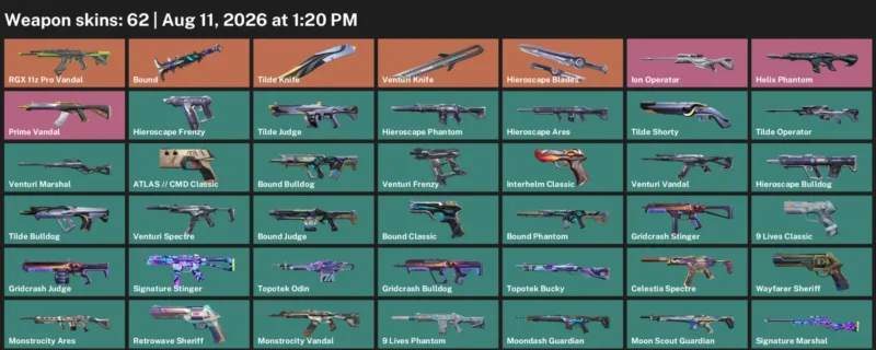 Valorant account inventory for LVL 183 · Venturi Knife & 62 Skins Tilde Knife