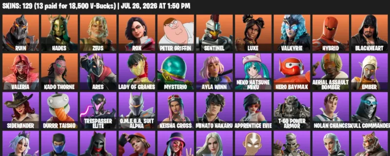 Fortnite Accounts listing: LVL 1173 - Ruin - Hades - 129 Outfits - 129 outfits