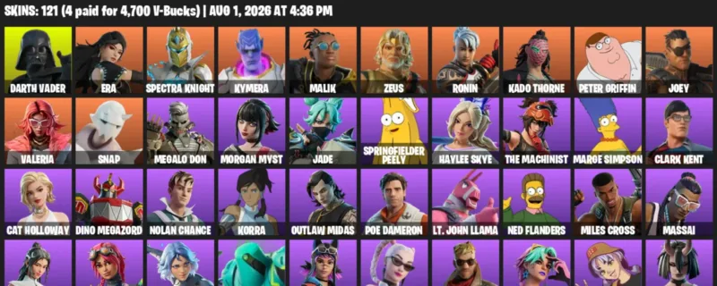 Fortnite account inventory for LVL 1858 - Darth Vader - Era - 121 Outfits